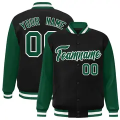 Black Green-White Raglan Varsity Full-Snap Letterman Jacket 1
