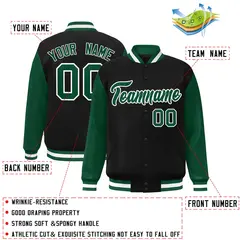 Black Green-White Raglan Varsity Full-Snap Letterman Jacket 2