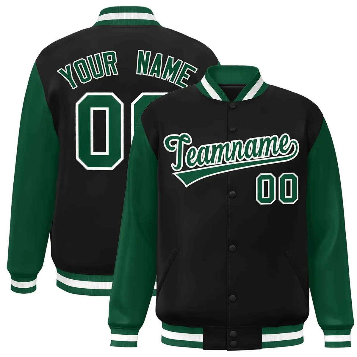 Black Green-White Raglan Varsity Full-Snap Letterman Jacket