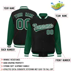 Black Green-White Raglan Varsity Full-Snap Letterman Jacket 2