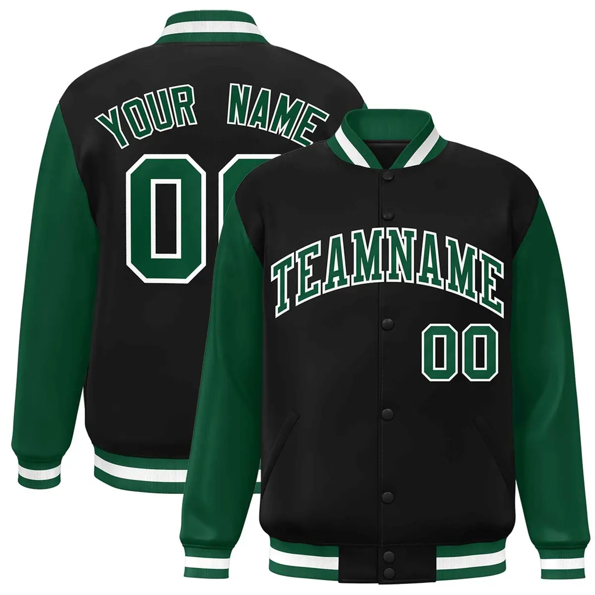 Black Green-White Raglan Varsity Full-Snap Letterman Jacket