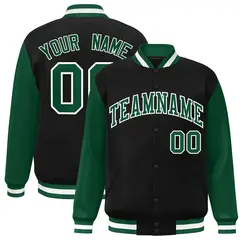 Black Green-White Raglan Varsity Full-Snap Letterman Jacket 1
