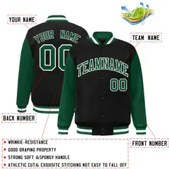 Black Green-White Raglan Varsity Full-Snap Letterman Jacket 2