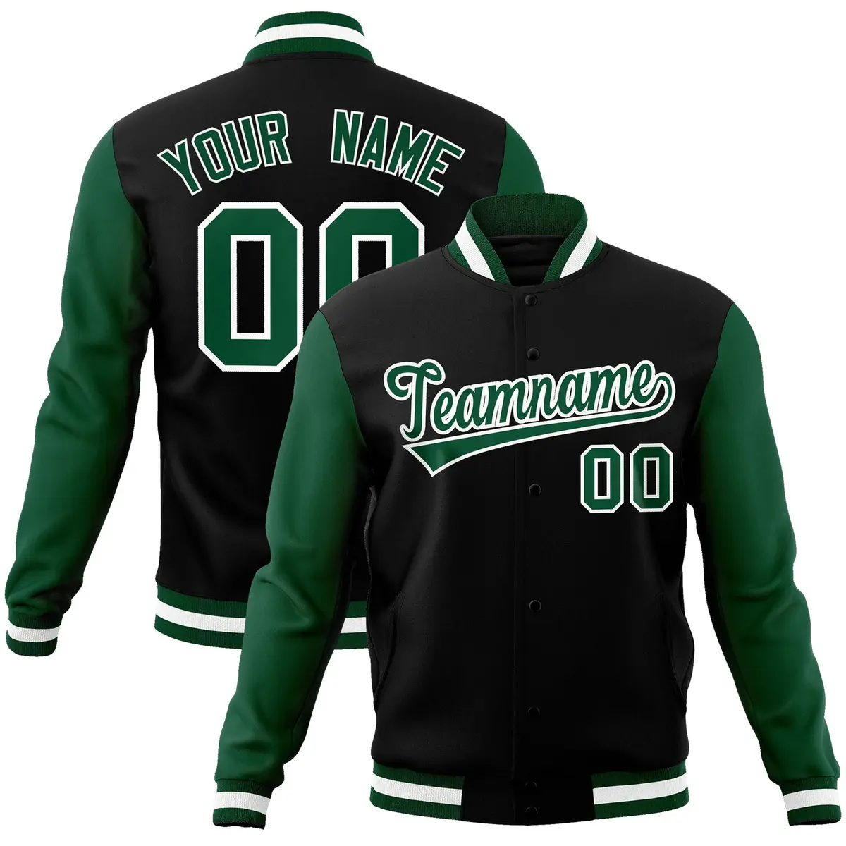 Black Green-White Raglan Varsity Full-Snap Letterman Jacket