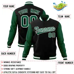 Black Green-White Raglan Varsity Full-Snap Letterman Jacket 4