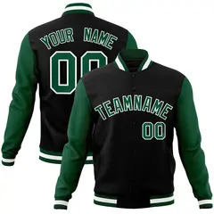 Black Green-White Raglan Varsity Full-Snap Letterman Jacket