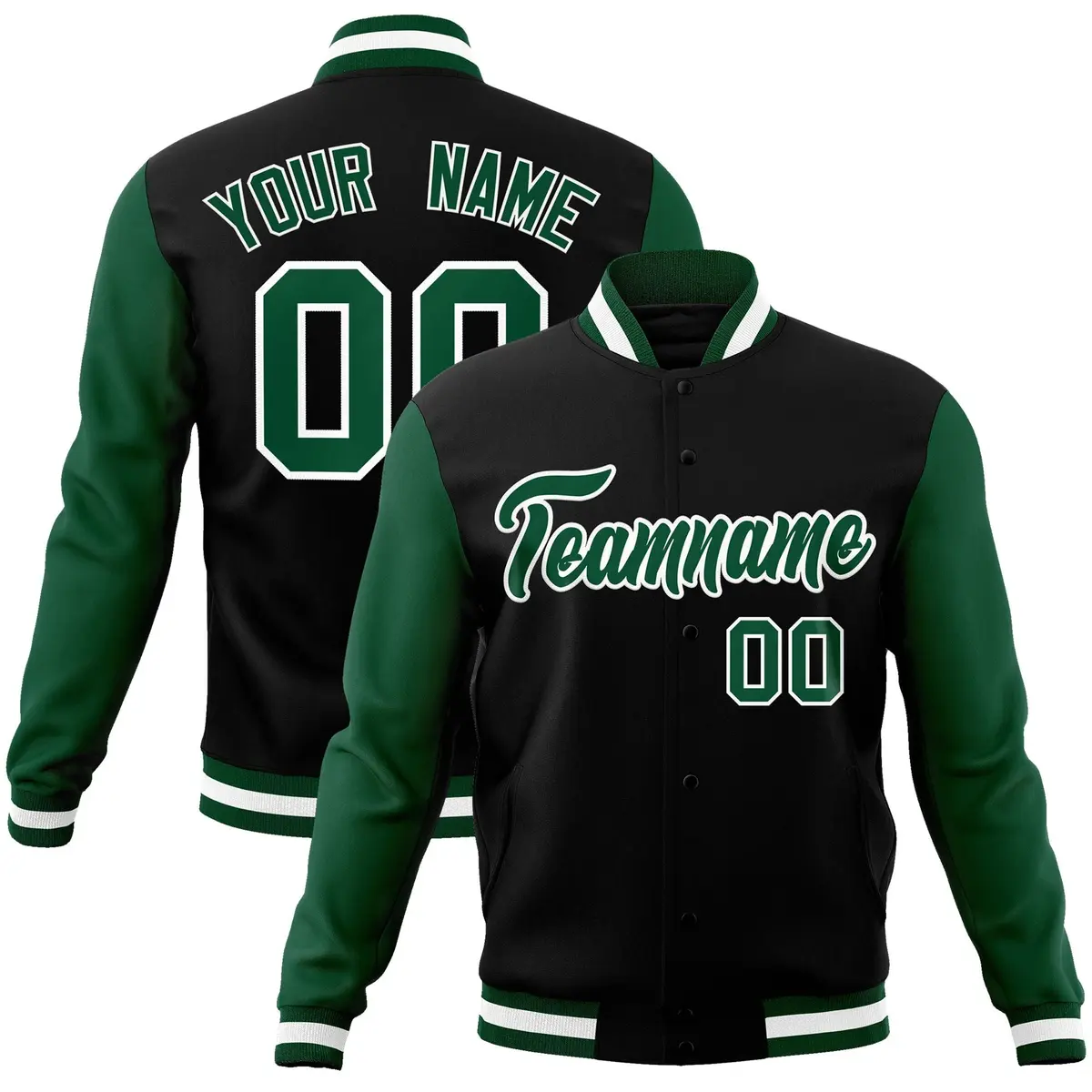 Black Green-White Raglan Varsity Full-Snap Letterman Jacket