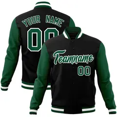 Black Green-White Raglan Varsity Full-Snap Letterman Jacket