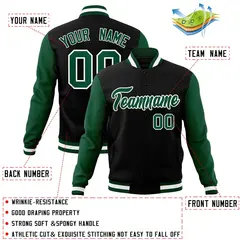 Black Green-White Raglan Varsity Full-Snap Letterman Jacket 4