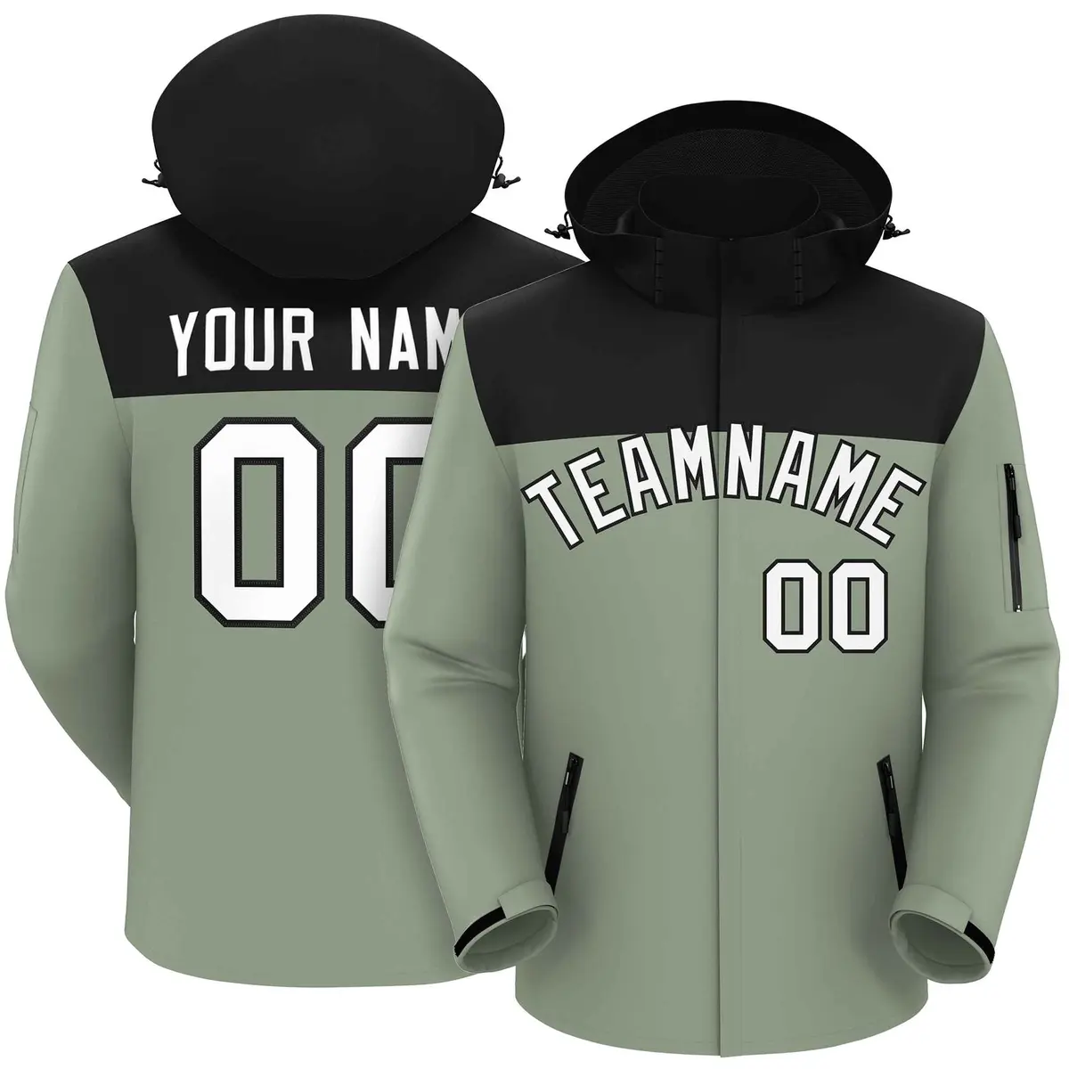 Black Green-White Two Tone Hooded Waterproof Jacket