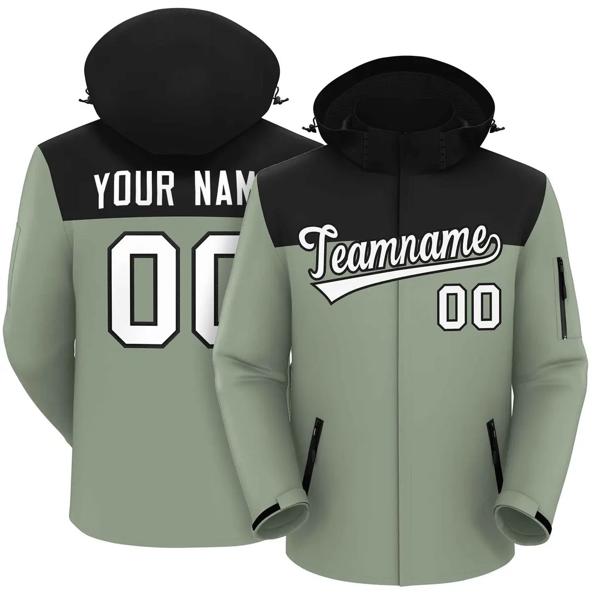 Black Green-White Two Tone Hooded Waterproof Jacket
