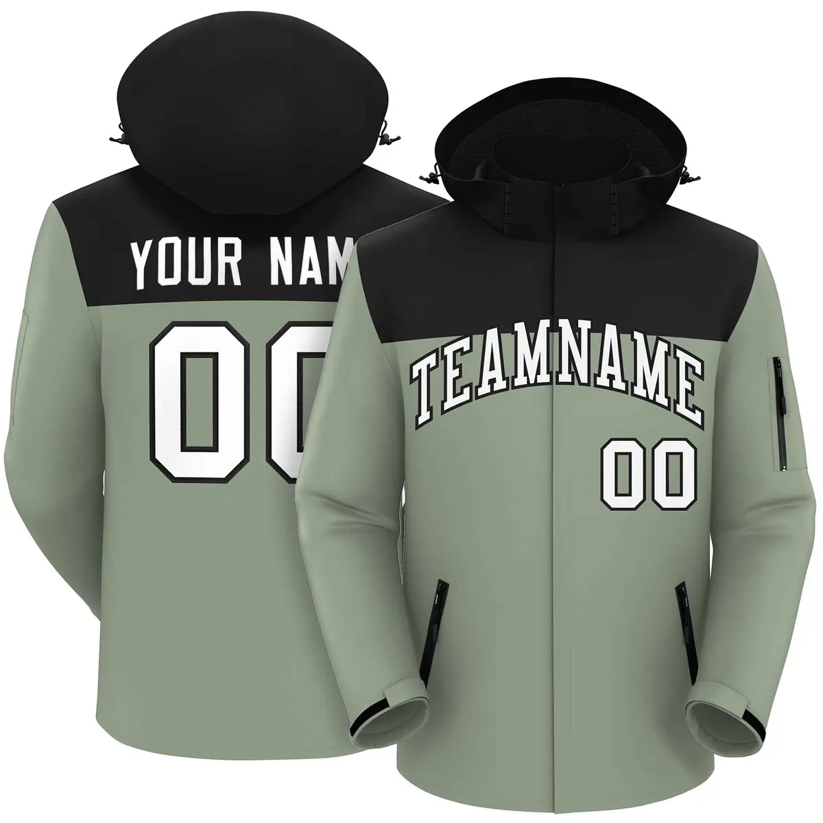 Black Green-White Two Tone Hooded Waterproof Jacket