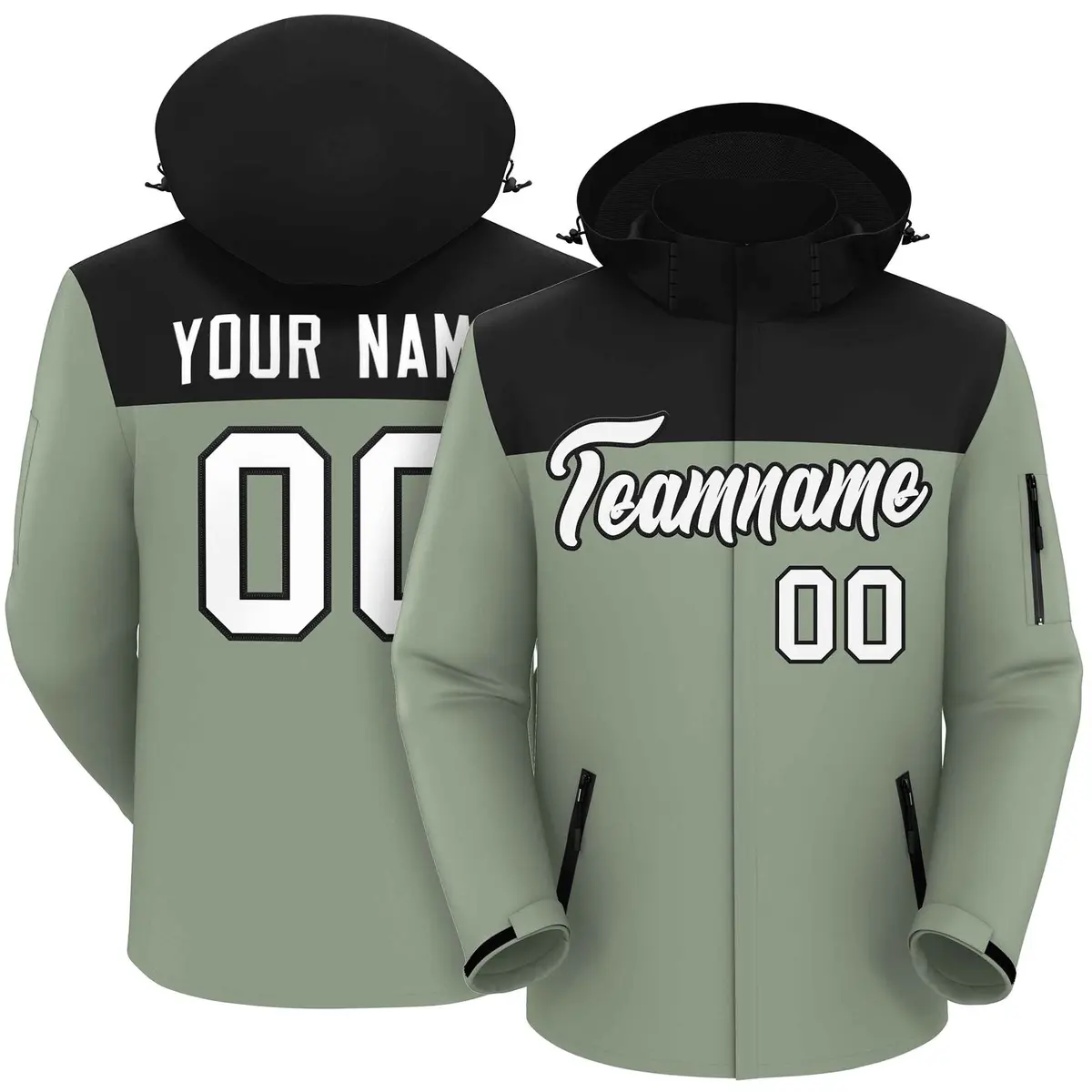 Black Green-White Two Tone Hooded Waterproof Jacket