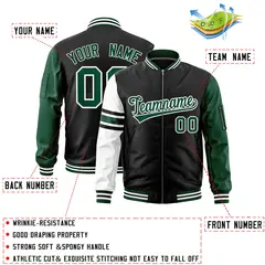 Black Green-White Varsity Stripe Raglan Letterman Bomber Jacket 2