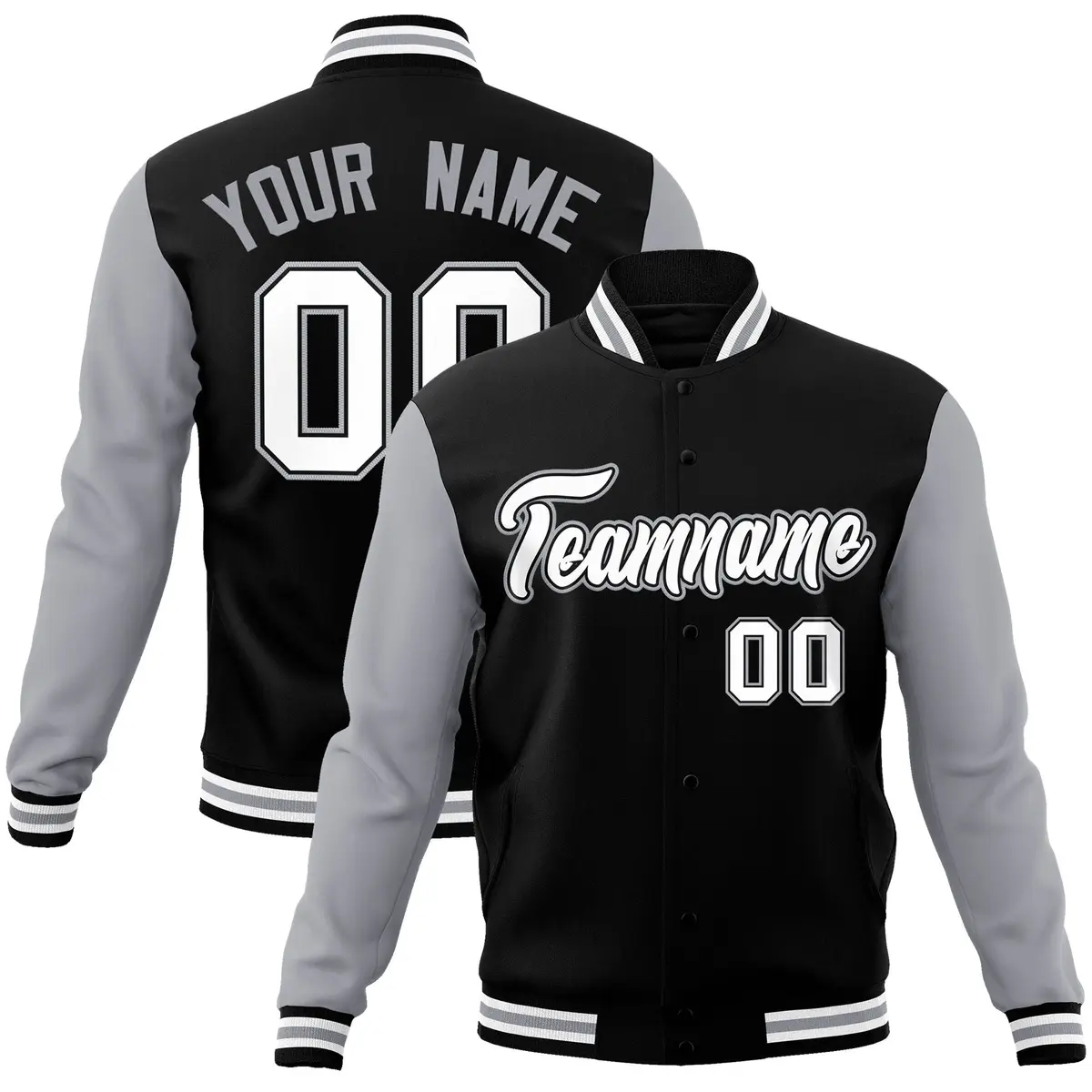 Black Grey-Black Raglan Varsity Full-Snap Letterman Jacket