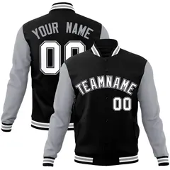 Black Grey-White Raglan Varsity Full-Snap Letterman Jacket