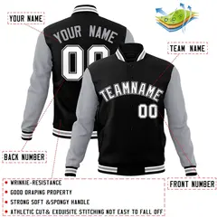 Black Grey-White Raglan Varsity Full-Snap Letterman Jacket 4