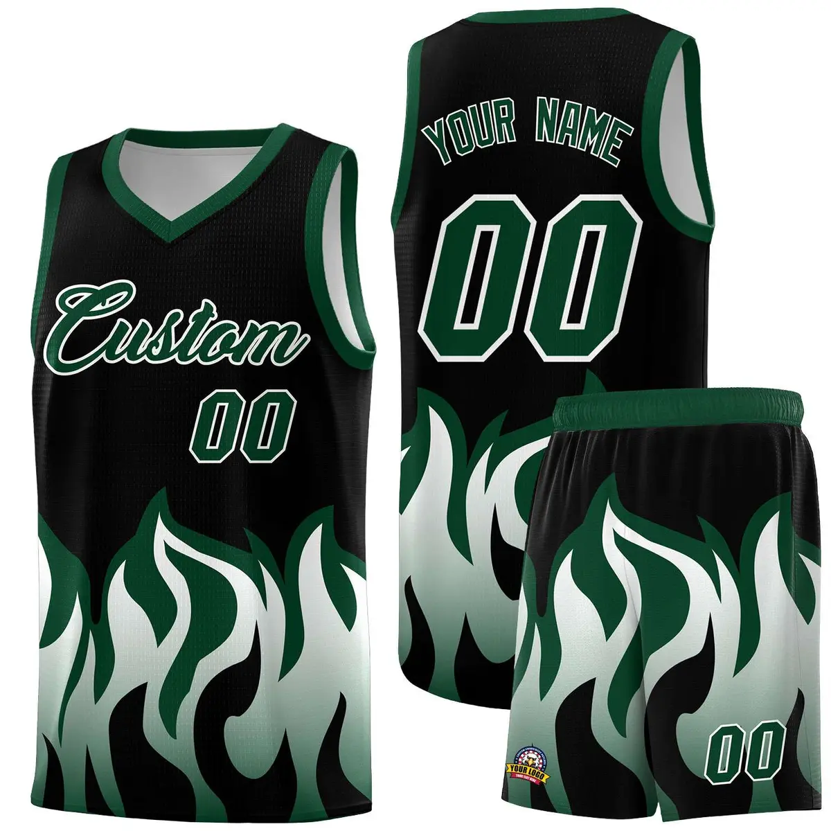 Black Hunter Green Flame Pattern Hem Basketball Jersey