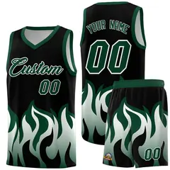 Black Hunter Green Flame Pattern Hem Basketball Jersey