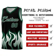 Black Hunter Green Flame Pattern Hem Basketball Jersey 2