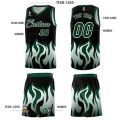 Black Hunter Green Flame Pattern Hem Basketball Jersey 5
