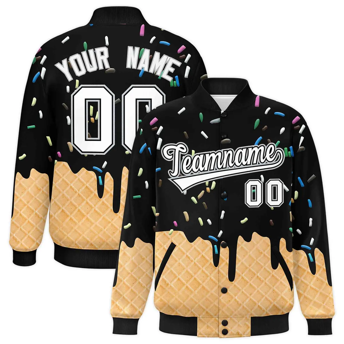 Black Ice Cream Cone Graffiti Full-Snap Varsity Letterman Jacket