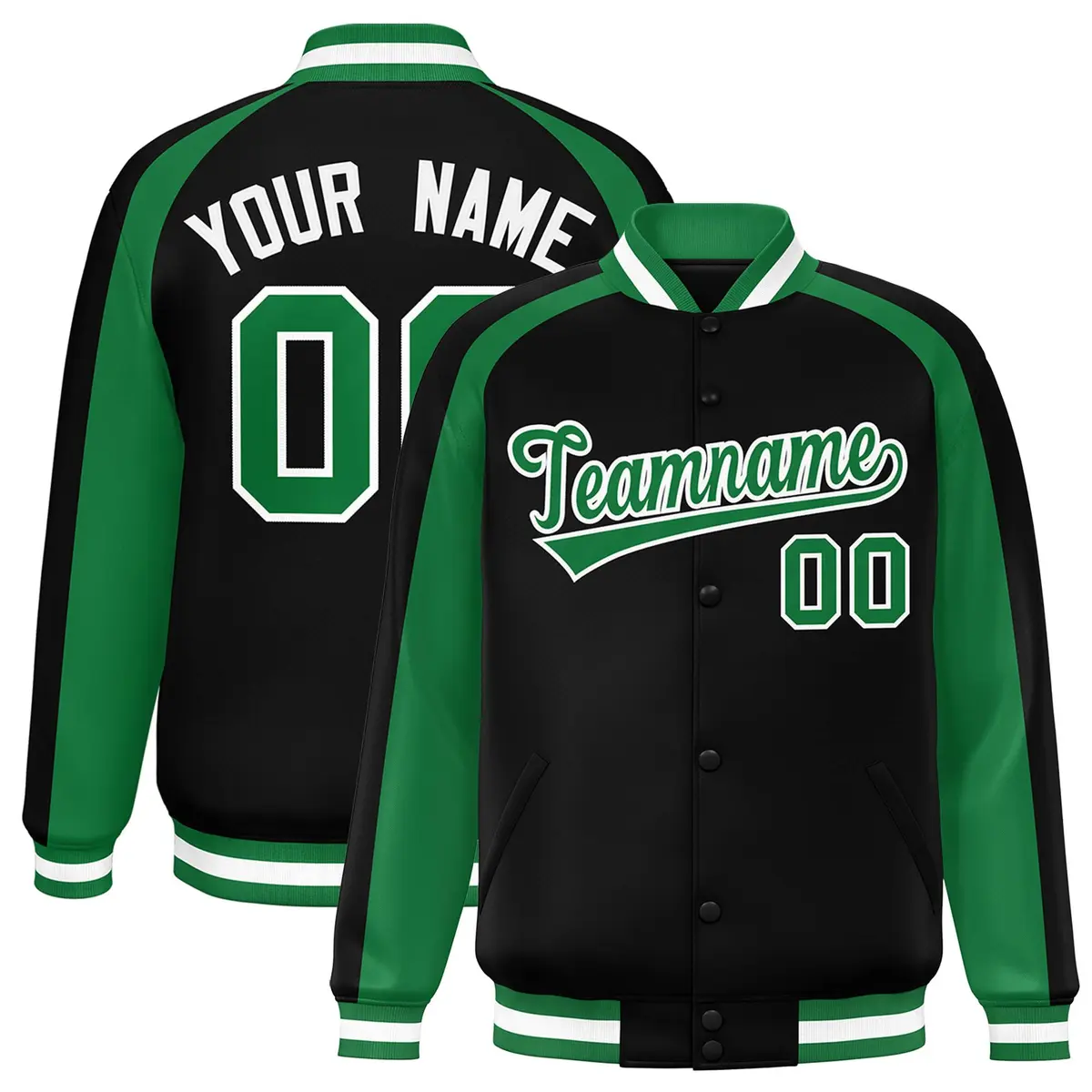 Black Kelly Green Color Block Raglan Varsity Full-Snap Letterman Jacket