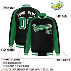 Black Kelly Green Color Block Raglan Varsity Full-Snap Letterman Jacket 2
