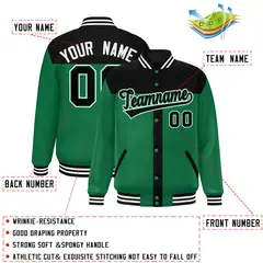 Black Kelly Green Color Block Varsity Bomber Baseball Jacket 2