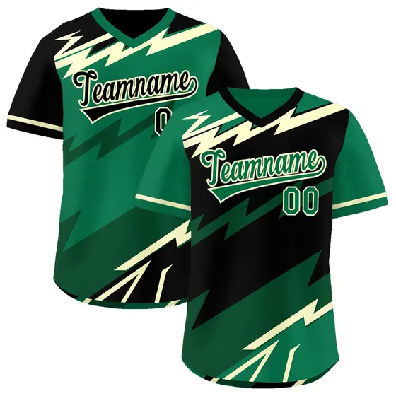 Black Kelly Green Cream Reversible Baseball Jersey Lightning & Graffiti Pullover V-Neck