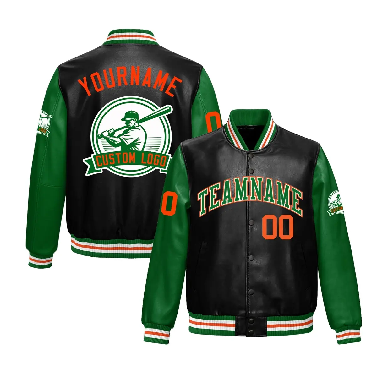 Black Kelly Green Faux Leather Letterman Jacket Raglan Full-Snap