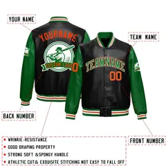 Black Kelly Green Faux Leather Letterman Jacket Raglan Full-Snap 2