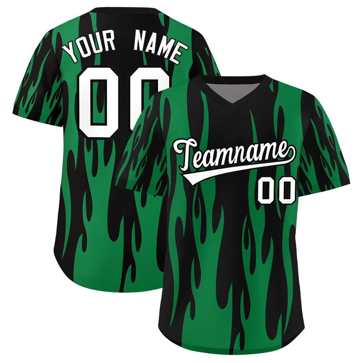 Black Kelly Green Flame Pattern Pullover Baseball Jersey