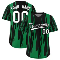 Black Kelly Green Flame Pattern Pullover Baseball Jersey