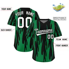Black Kelly Green Flame Pattern Pullover Baseball Jersey 2
