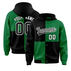 Black Kelly Green Four Squares Color Block Full-Snap Varsity Letterman Jacket Hoodie