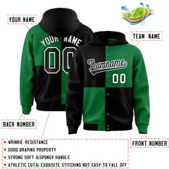 Black Kelly Green Four Squares Color Block Full-Snap Varsity Letterman Jacket Hoodie 4