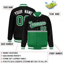 Black Kelly Green Full-Snap Color Block Varsity Letterman Jacket 2