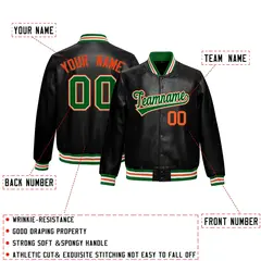 Black Kelly Green Full-Snap Faux Leather Varsity Letterman Jacket 2