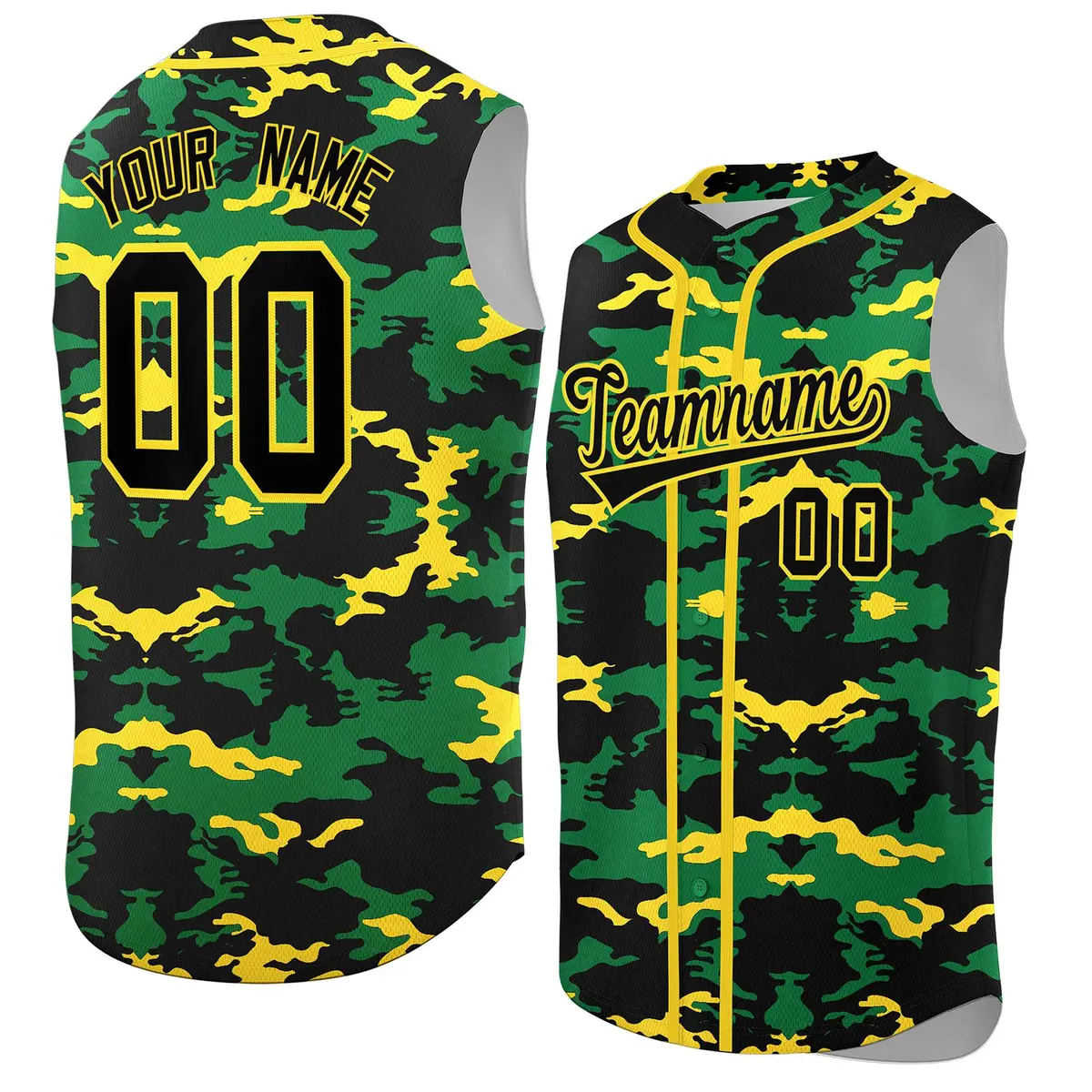 Black Kelly Green Gold Camo Sleeveless Baseball Jersey