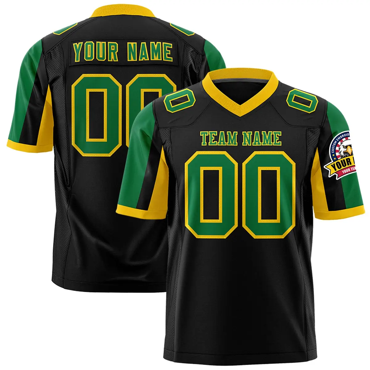 Black Kelly Green-Gold Color Block Raglan Sleeves Football Jersey