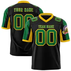 Black Kelly Green-Gold Color Block Raglan Sleeves Football Jersey