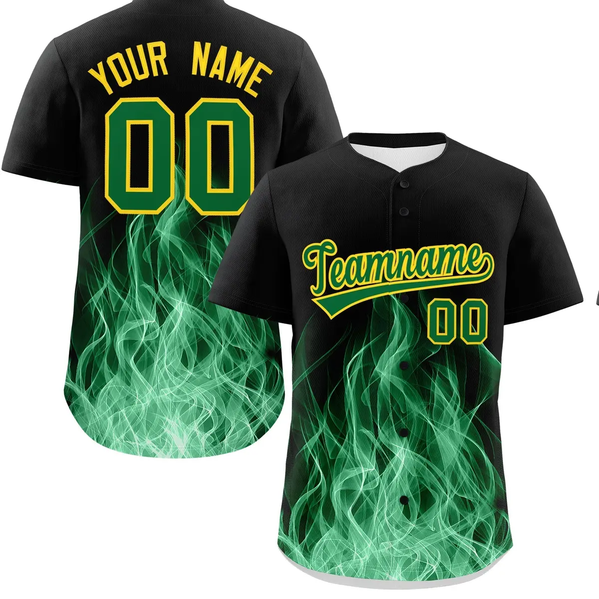 Black Kelly Green Gold Flame Graffiti Baseball Jersey