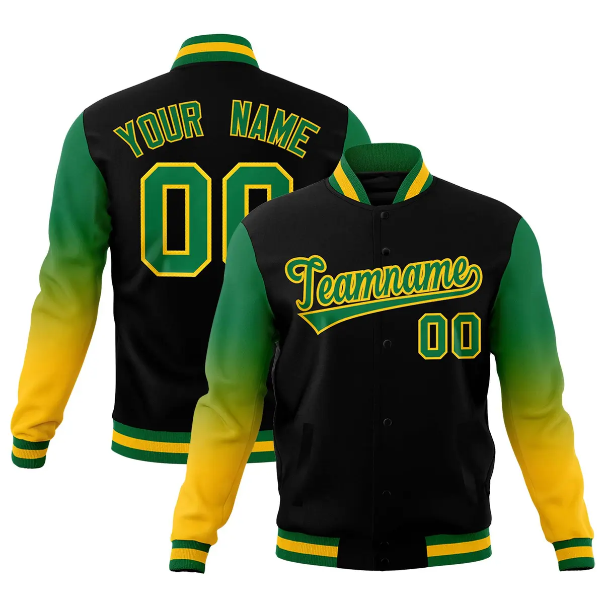 Black Kelly Green Gold Gradient Varsity Raglan Letterman Jacket