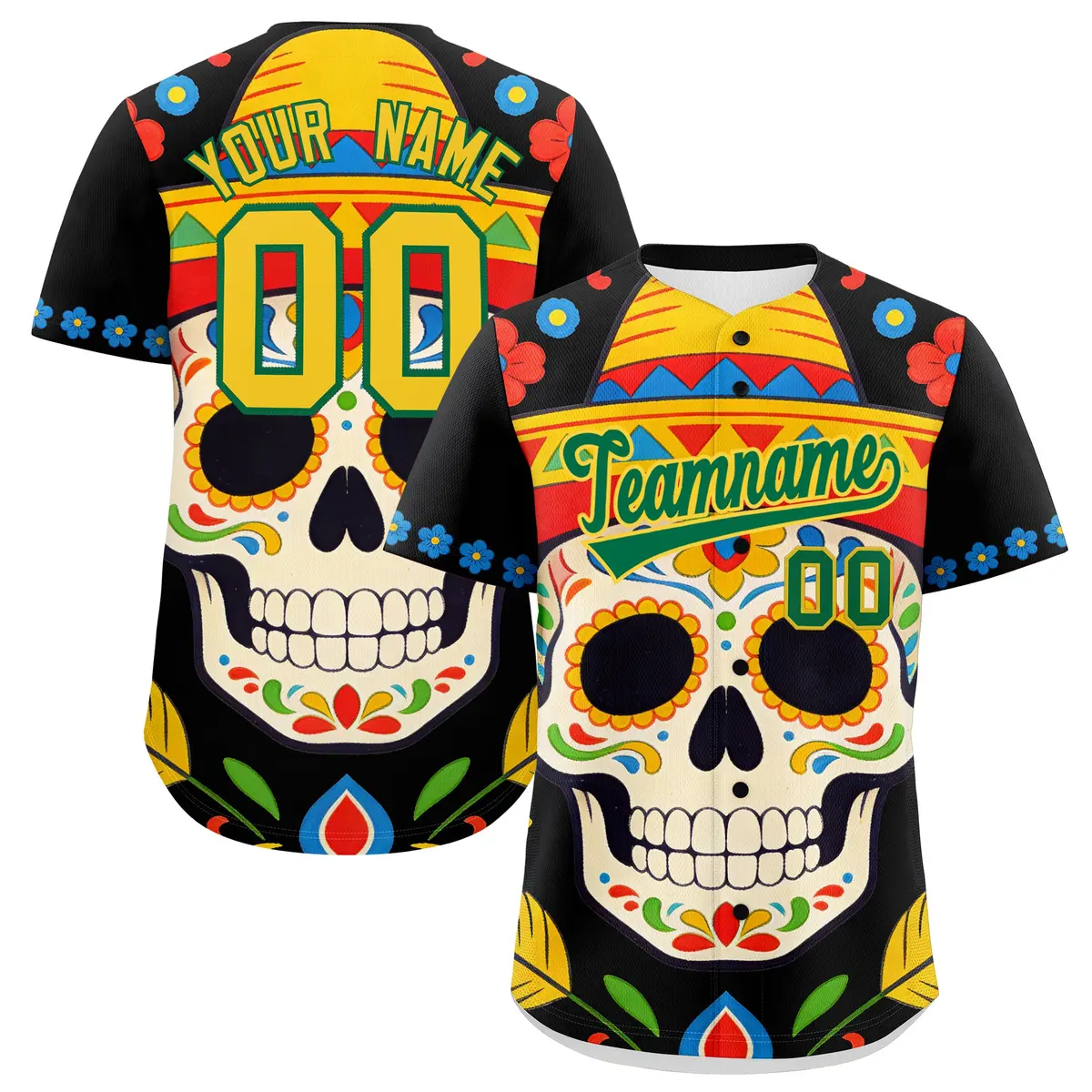 Black Kelly Green Gold Graffiti Mexican Style Baseball Jersey