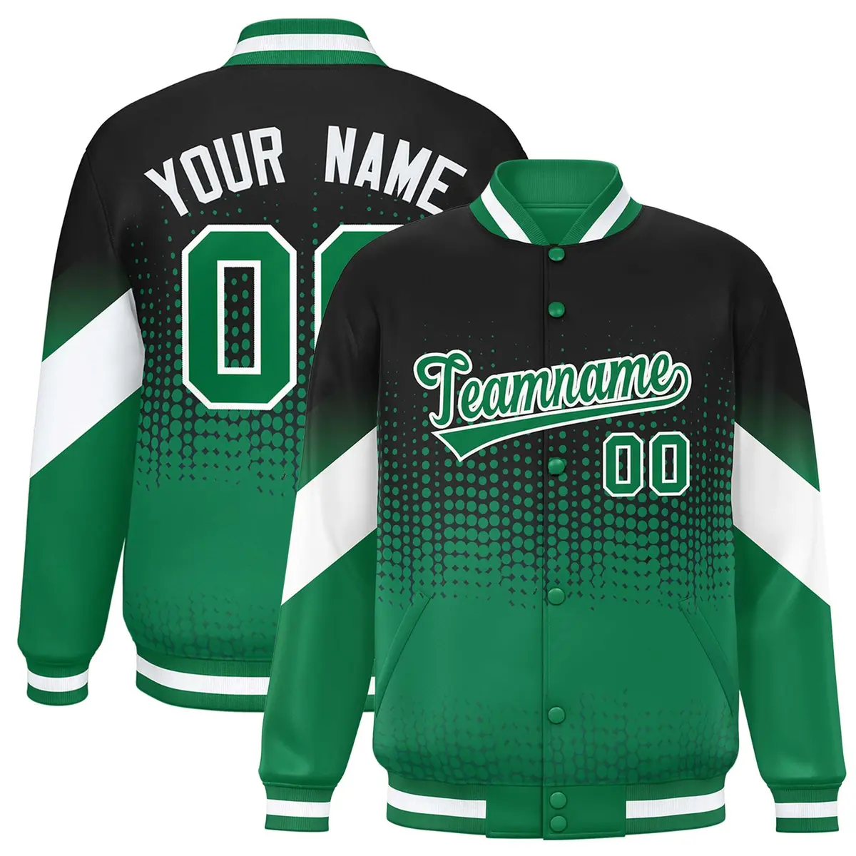 Black Kelly Green Gradient Polka Dot Full-Snap Letterman Baseball Jacket