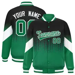 Black Kelly Green Gradient Polka Dot Full-Snap Letterman Baseball Jacket