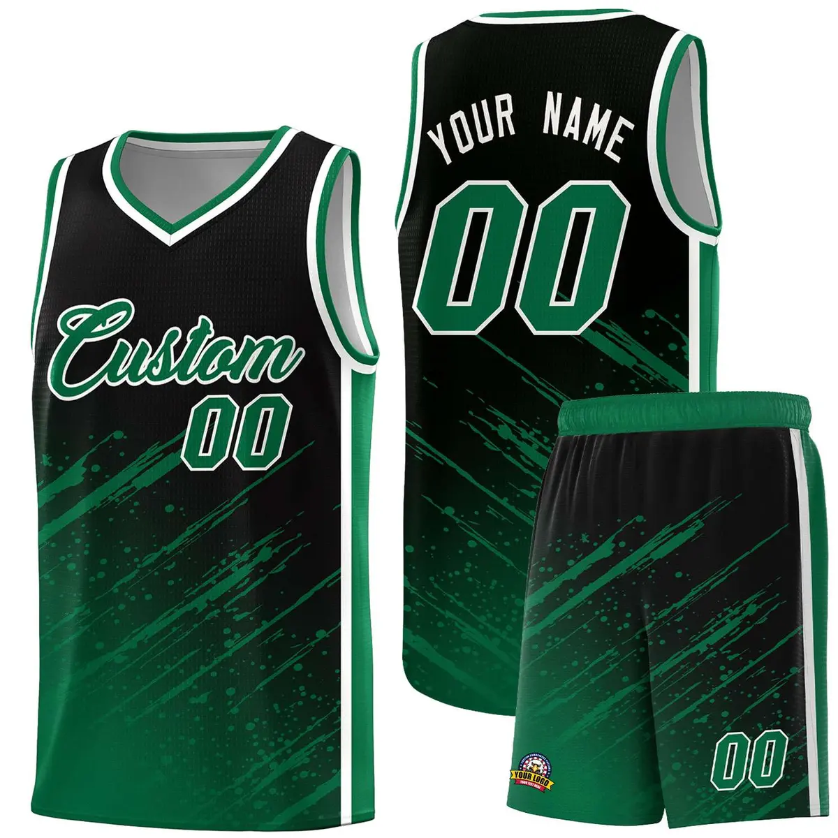 Black Kelly Green Graffiti Splash Basketball Uniforms