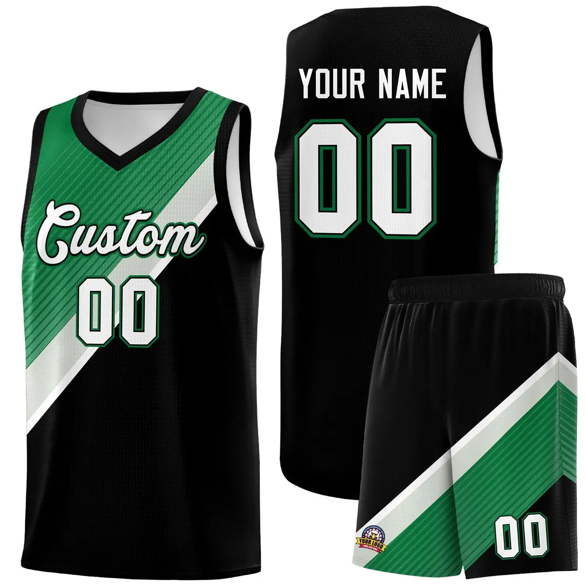Black Kelly Green Gray Diagonal Stripes Color Block Basketball Jersey