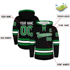Black Kelly Green Lace-Up Neck Classic Hockey Hoodie 2